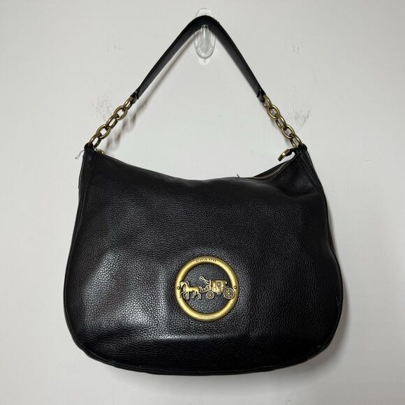 Coach Elle Black Pebble Leather Hobo Bag Large Carriage Shoulder Purse F31400 - Picture 3 of 16